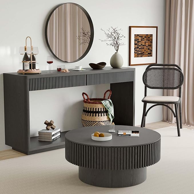 Round Coffee Table with Storage, Modern Wooden Coffee Table with Solid Wood Veneered, Circle Center Table Accent Tea Table for Living Room Apartment Small Space (31.5''L × 31.5''W × 14''H, Black)