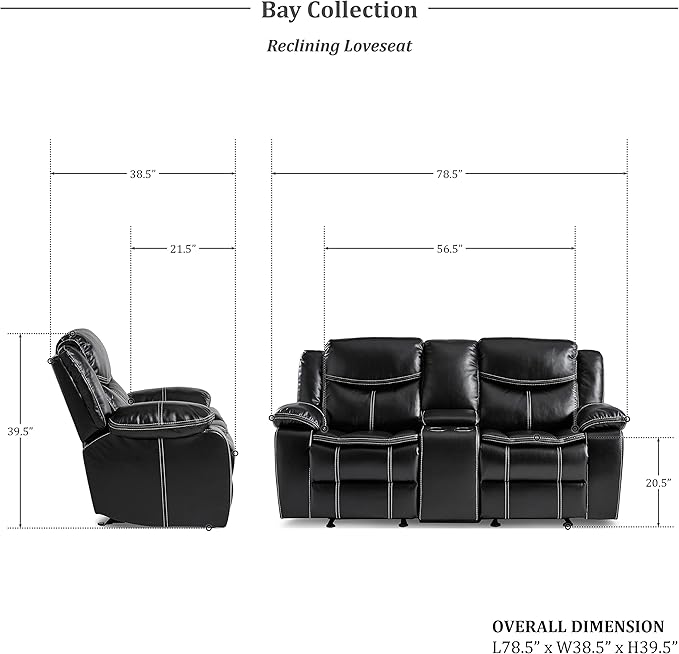 Lexicon Bay Manual Reclining Living Room Sofa Set, 2-Piece, Black