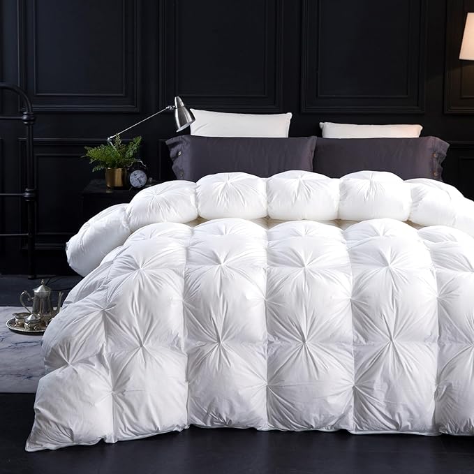 Three Geese King Size Pinch Pleat Duck Feather Down Fiber Comforter - All-Season Down Duvet Insert Fluffy Baffle Box Design with 8 Corner Loops for Warmth and Softness.