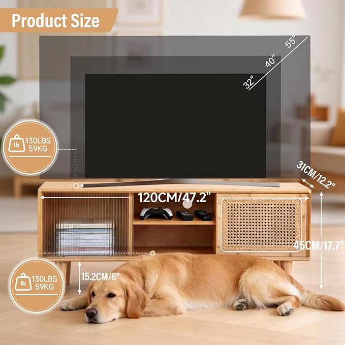 Tiita Rattan TV Stand for 55 Inch TV, Bamboo TV Cabinet with Adjustable Shelf and Storage, Boho Entertainment Center, Mid Century Modern Media Console for Bedroom, Living Room, Study (Natural) - Image 3