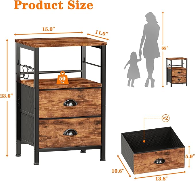 Furologee Nightstand with 2 Fabric Drawers, Night Stand with 2-Tier Shelf, Bedside Table with Hooks, Open Wooden Shelf, End Table for Bedroom, Backboard Design, Metal Frame, Rustic Brown - Image 3