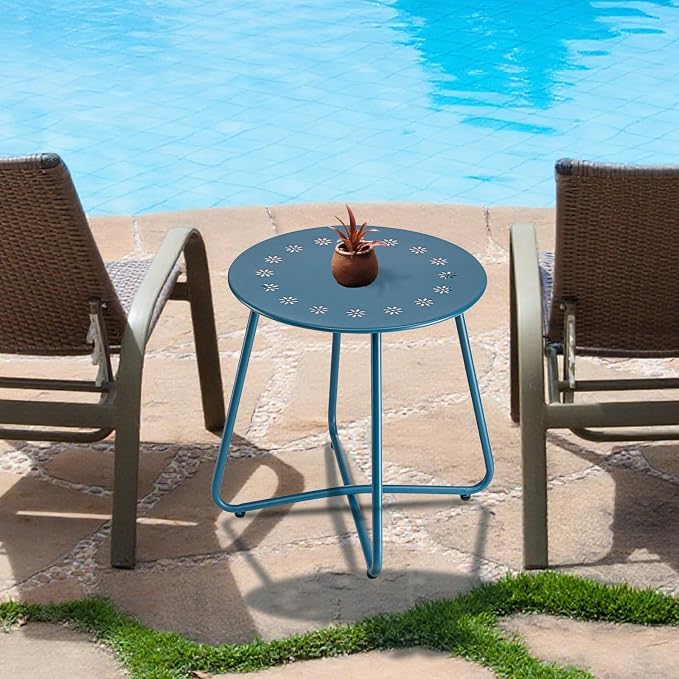 danpinera Outdoor Side Tables with Flower Cut Outs, Weather Resistant Steel Patio Side Table, Small Round Outdoor End Table Metal Side Table for Patio Yard Balcony Garden Navy Blue - Image 7