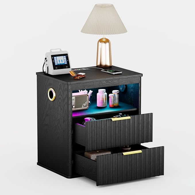WOOVIVS Modern NightStand with Smart Human Sensor Lights, Bluetooth Music and 2 Large Storage Drawers, Bedside Table for Bedroom, Fluted Design, 23.6" H (Black) - Image 9