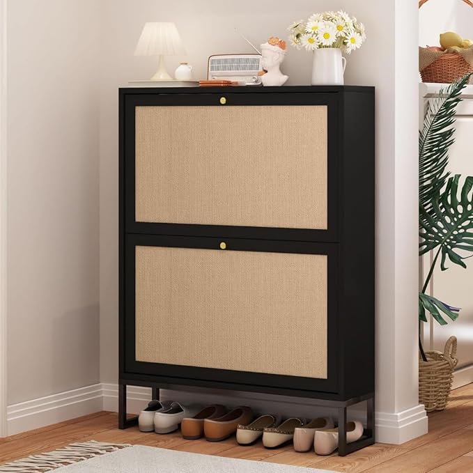 AVZEAR Narrow Shoe Cabinet with 2 Flip Drawer, Freestanding Shoe Organizer Shoe Cabinet Storage for Entryway, Slim Shoe Storage Shoe Rack for Closet with Linen Doors in Hallway, Living Room(Black) by AVZEAR