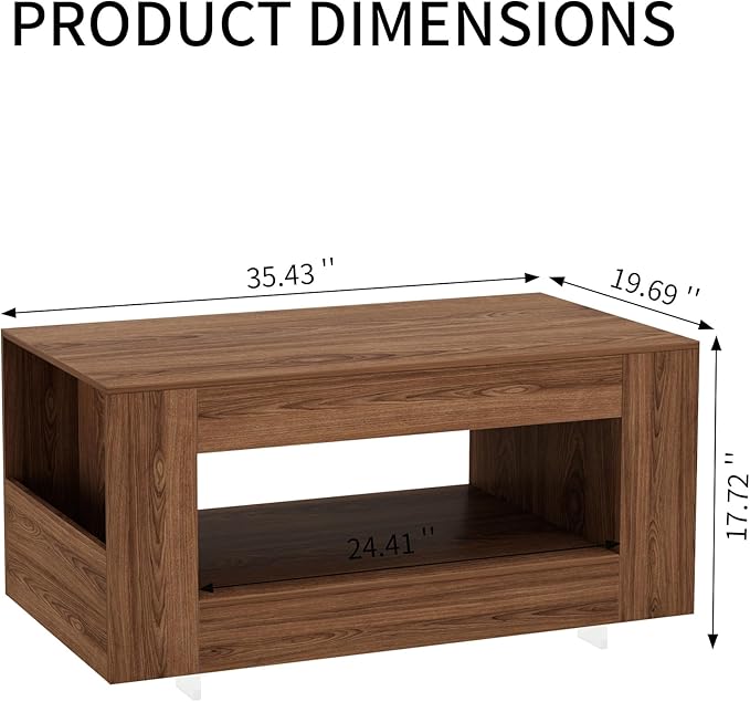 35" Wood Coffee Table for Living Room, Sides Storage with Transparent Legs, Minimalist Farmhouse 2-Tier Storage Shelf Center Table for Home Office, Apartment, Walnut