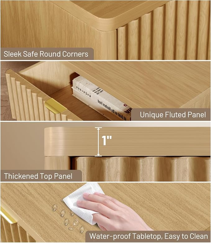 Nightstands Set of 2, Nightstand with Drawers Bedside Table End Table, Modern Fluted Nightstand Bed Side Table for Bedroom Living Room(Oak Natural) - Image 5