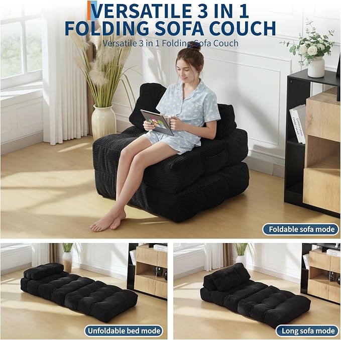 Folding Sofa Bed, Convertible Sleeper Chair with Pillow Foldable Matress with Back Support, Portable Fold Out Chair Bed Comfy Floor Sofa Lounge for Living Room Bedroom, Black, Single