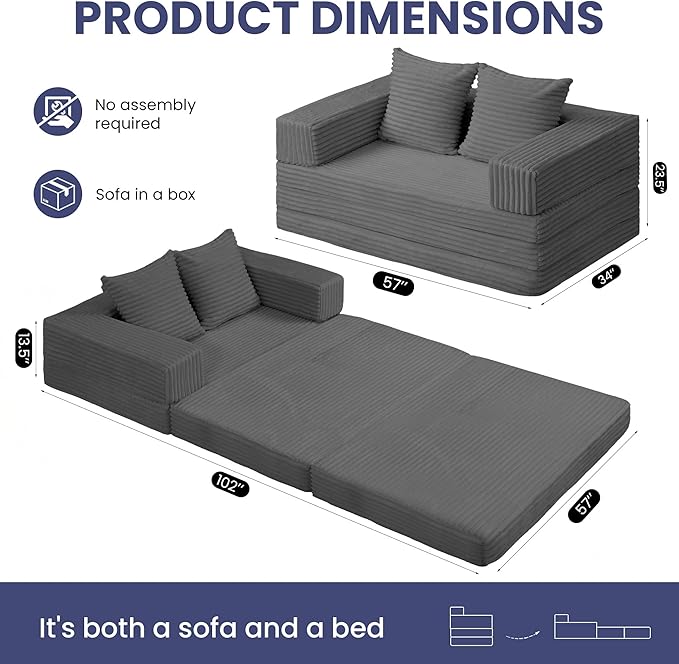 Convertible Sofa Bed, 4-in-1 Boneless Loveseat with Removable Armrests Backrest, Corduroy Futon Couch Bed with Pillow, Foldable Mattress Sleeper Sofa for Living Room Bedroom Small Place (Grey)
