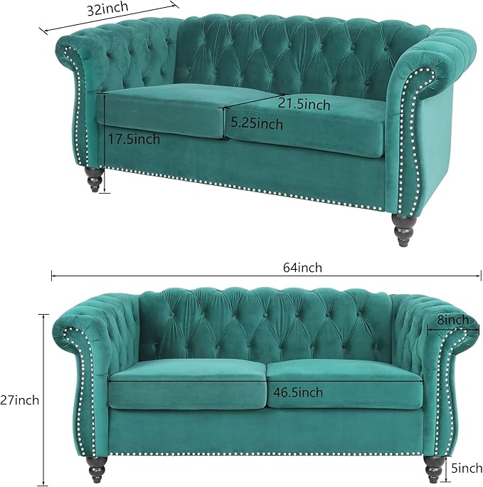 LEVNARY Velvet Sofa, Chesterfield Tufted Upholstered 2 Seater Couch, Modern Loveseat Couch Classic Furniture for Living Room Bedroom (Green)