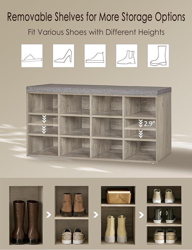 DINZI LVJ Shoe Bench, 12 Cubbies Shoe Organizer for Entryway, Storage Bench with Cushion, Cubby Shoe Rack with Adjustable Shelves for Living Room, Bedroom, Mudroom, Hallway, Gray Wash - Image 6