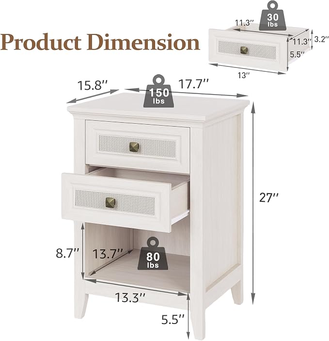 RoyalCraft Rattan Nightstand, Boho Bedside Table with 2 Rattan Decor Drawers, Accent End Table with Open Storage Shelf, Wood Bedside Unit for Bedroom, Home Office, Grayish White - Image 2