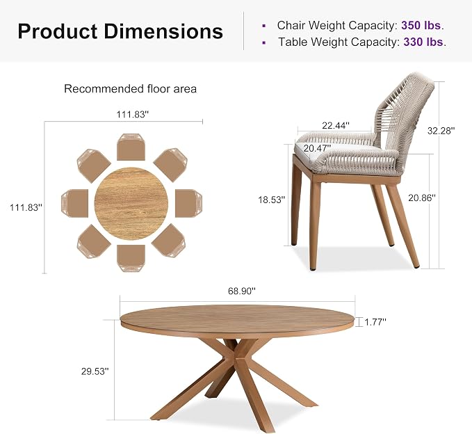 PURPLE LEAF 9 Pieces Round Dining Set Patio Aluminum Modern Round Table and Wicker Chairs with Cushions for Kitchen Backyard Garden Outdoor Furniture Sets, Teak - Image 9