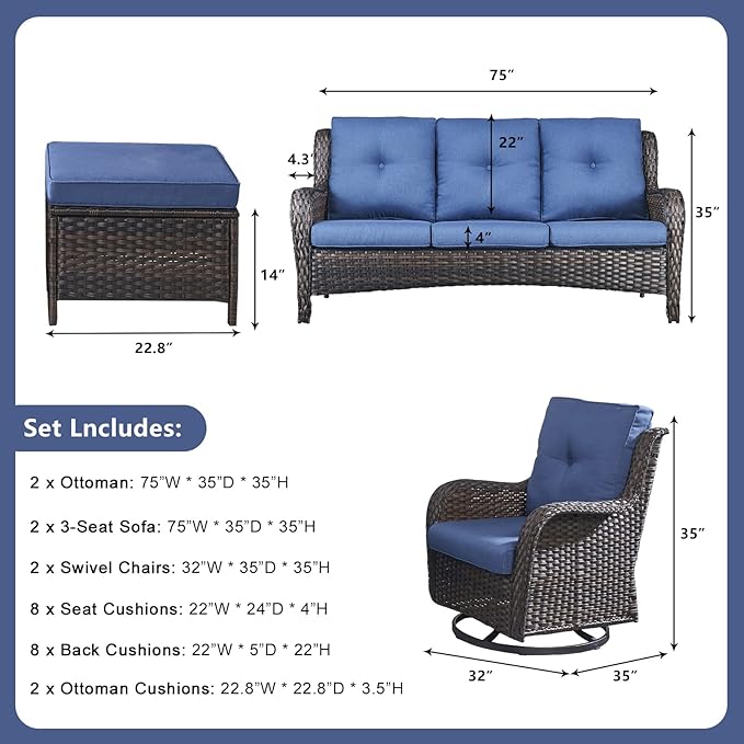 Rilyson Wicker Patio Furniture Set - 6 Piece Rattan Outdoor Sectional Conversation Sets with 2 Rocking Swivel Chairs,2 Ottomans and 2 Sofa for Porch Deck Garden(Brown/Blue)