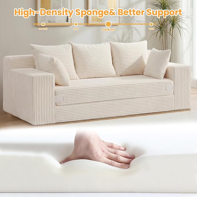 Boneless Couch 70 inch, 3 Seater Couch with Pull Out Bed, Boneless Loveseat Oversize Beige Futon Couch Floor Bed with 5 Pillows for Living Room Bedroom Lounge Small Space