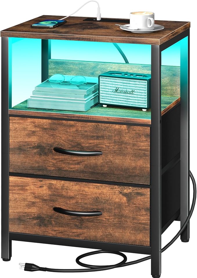 Yoobure Nightstand with Charging Station, LED Night Stand with Fabric Drawers and Storage Shelf for Bedroom, Nightstands Bedside Tables with USB Ports & Outlets, Small Night Stands, Bed Side Table by Yoobure