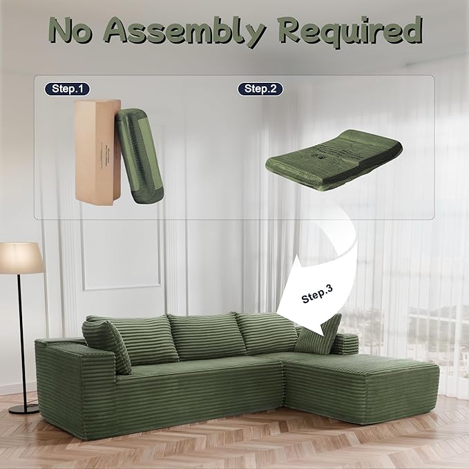 Cloud Sectional Couch, 105” Fluffy Modular L-Shape Sofa with Left Chaise Lounge, Modular Sectional Sofa in a Box, Boneless Couch for Living Room, No Assembly Required, Flannel Green