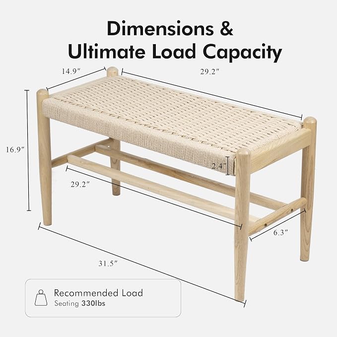 Solid Wood Entryway Bench with Shoe Storage, Rustic Oak Wood and Woven Design 31.5 Inch Long Seating for Living and Dining Rooms,Nature - Image 2
