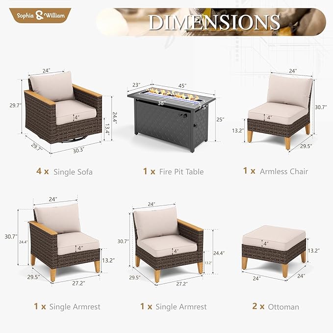 Sophia & William Patio Furniture Set with Fire Pit Table & Swivel Chairs, 10 Piece Outdoor Sectional Furniture Wicker Modular Sofa Couch, Conversation Set for Deck Backyard Lawn, Beige