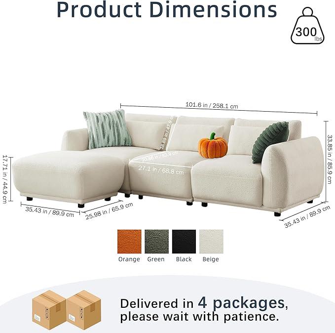 Sectional Sofa Couch, Modern U Shaped Sectional Couch with Ottoman, Modular Sectional Sofa Cloud Couches for Living Room (Beige, 3 Set + 1 Ottoman)
