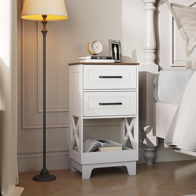Tall Nightstand Set of 2 Side Table Modern Night Stand with 2 Drawers Wooden Rustic End Table Bedside Table with Upper Open Shelf Solid Feet for Bedroom White+Walnut - Image 7