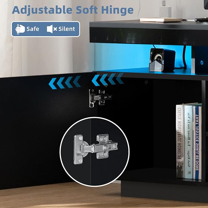 HOMMPA Modern LED TV Stand for 65/60/55 inch TV with Power Outlets - Gaming Console Storage Entertainment Center with LED Lights - Black - Image 6