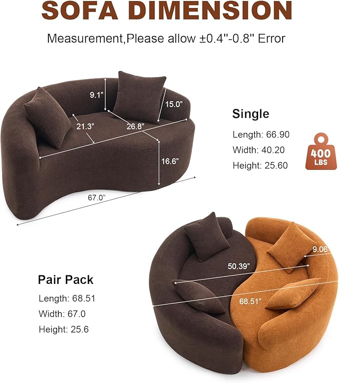 KEIKI S-Curved Loveseat Chenille Couches with 2 Pillows, Upholstered Luxury Plush Cloud Sectional Sofa for Living Room Apartment, Full Sponge Compression