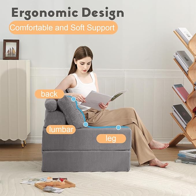 MeMoreCool Folding Sofa Bed Single Grey – Convertible Sleeper Chair with Back Support | Foldable Floor Lounge Mattress Chair with Headrest & Lumbar Pillow, Ideal for Living Room, Bedroom Guest Space