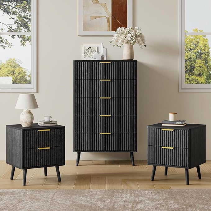 LYNSOM Fluted Dresser and Nightstand Sets 3 Piece, 5-Drawers Dresser and 2-Drawer Nightstands Set of 2, Wood Bedroom Furniture Set for Home, Bedroom, Hallway, Black