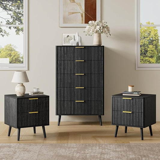 LYNSOM Fluted Dresser and Nightstand Sets 3 Piece, 5-Drawers Dresser and 2-Drawer Nightstands Set of 2, Wood Bedroom Furniture Set for Home, Bedroom, Hallway, Black