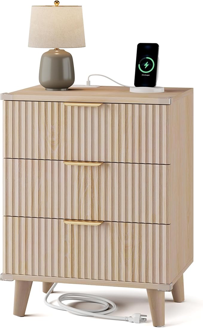 Lulive Wood Nightstand with Charging Station, 3 Drawers Fluted Design, Modern End Table for Bedroom Natural Oak by Lulive