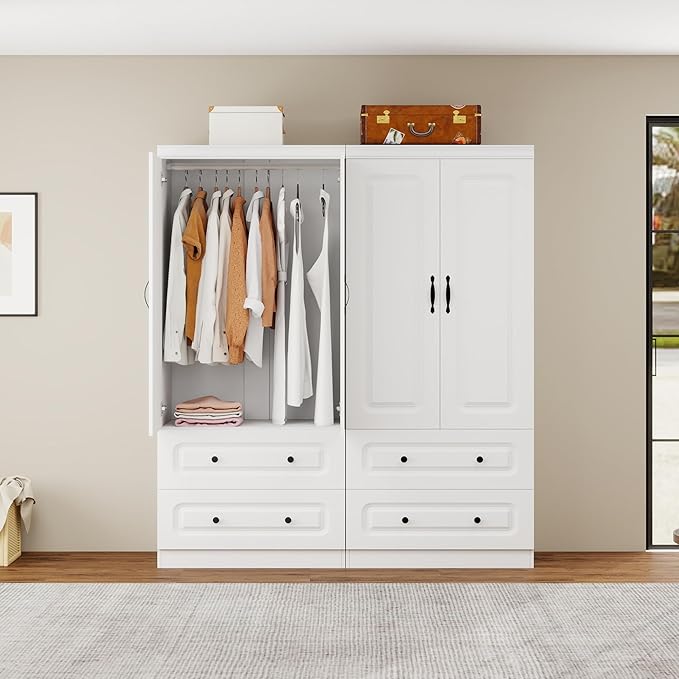 Armoire Wardrobe Closet with 2 Doors, White Cabinet with 2 Drawers and Clothes Storage Organizer, Modern Style with Hanging Rod Shleves Suitable for Bedroom(32" W x 20.5" D x 70.87" H)