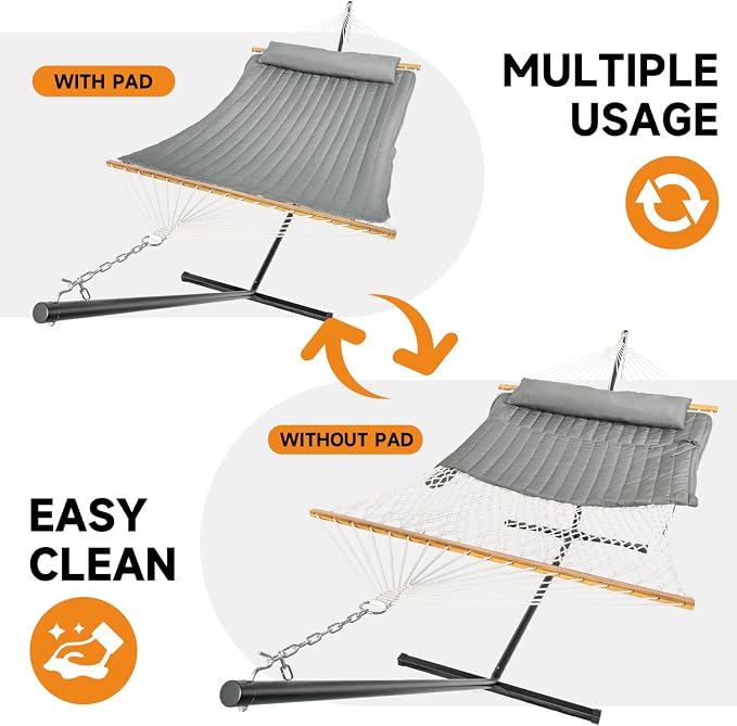 Everyfun 2 Person Outdoor Hammock with Stand, Cotton Rope Hammock with Polyester Pad, Adjustable Steel Frame, Portable with Carrying Bag – for Patio, Backyard, Garden, Beach,Dark-Gray - Image 2