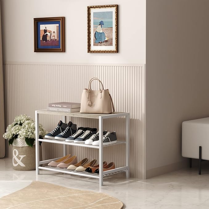 HOMEFORT 3-Tier Shoe Rack, Shoe Storage Shelf, Industrial Shoe Tower, Narrow Shoe Organizer for Closet Entryway, Small Shoe Rack Table with Durable Metal Shelves, White Oak - Image 4