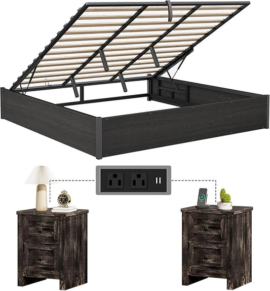 LUXOAK 3 Pieces Bedroom Sets, Includes King Size Lift Up Storage Platform Bed Frame, 2 Drawers Farmhouse Nightstand Set of 2 with Charging Station, No Box Spring Needed, Black