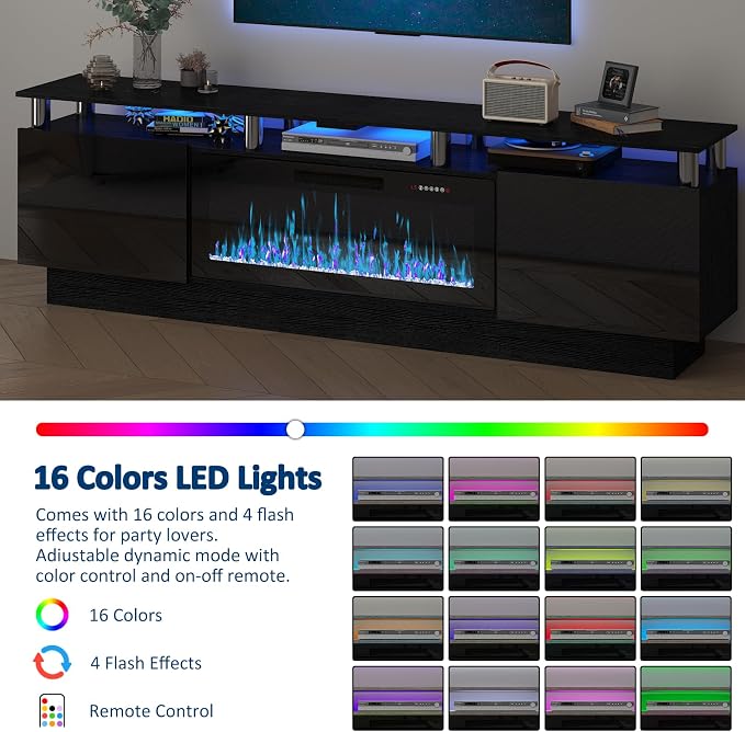 PUKAMI 80" Fireplace TV Stand with 36" Electric Fireplace, LED Light Entertainment Center with Storage, 2 Tier Modern Wood Media TV Console with Highlight Cabinet for Living Room, Black - Image 4