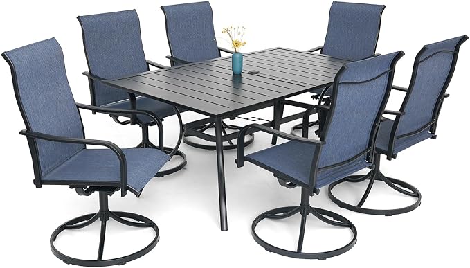 Anmutig 7-Piece Outdoor Dining Set, 6 Swivel Patio Chairs & 60''Rectangular Dining Table with All Weather Frame Furniture Set - Navy Style2 by Anmutig