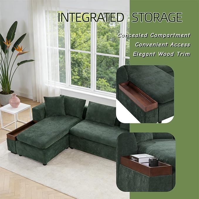 93.7" L-Shaped Sectional Sofa with Storage Chaise, Modern Couch for Living Room, Chenille Upholstered Couch with Deep Seats & Throw Pillows, Modern Corner Sofa for Living Room, Green