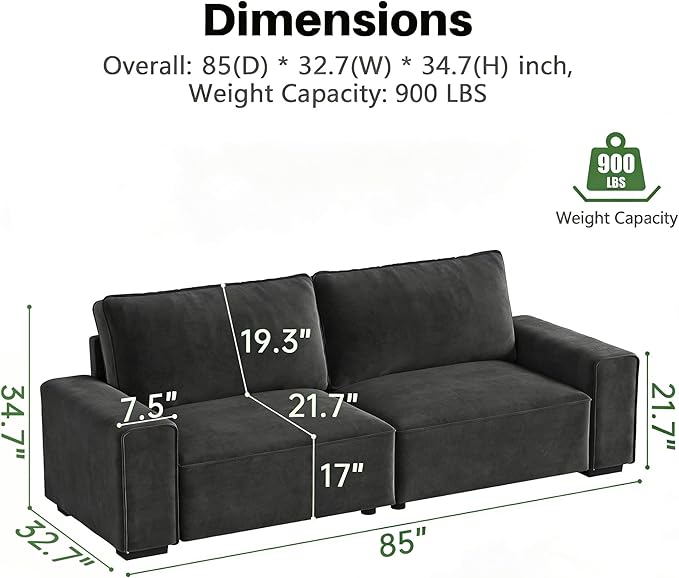 Vesgantti 85'' Chenille Couch for Living Room, 3 Seater Comfy Sofa with Wide Armrest, Thick Spring Cushions, Modern Cloud Couch for Apartment, Office, Bedroom, Small Space, Dark Grey