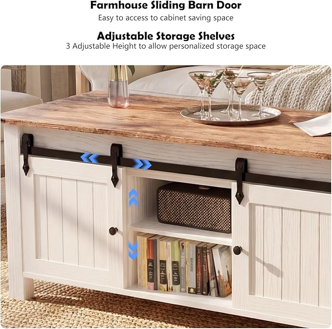 Lift Top Coffee Table with Storage, 47" Farmhouse Coffee Tables with Sliding Barn Door and Lift Tabletop Wooden Rustic Rectangle Center Table for Living Room, White