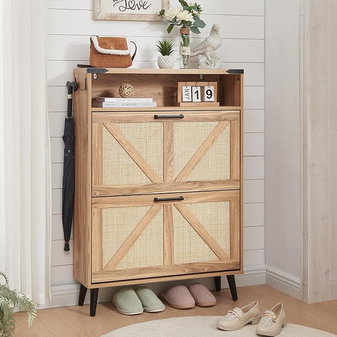 Barnyatoh Shoe Storage Cabinet, Boho Rattan Shoe Organizer with 2 Flip Drawers,Farmhouse Freestanding Hidden Slim Narrow Shoe Rack Cabinet with Open Shelves for Entryway, Foyer,Hallway, Natural by Barnyatoh