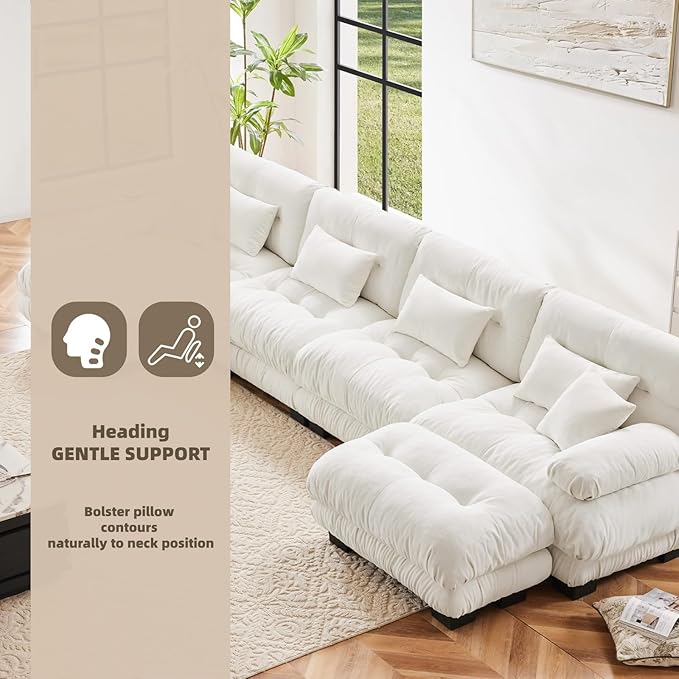 173.2" U-Shaped Cloud Couch, Oversized Modular Sectional Sofa, Deep Seat Cloud Boneless Couch, 4-Seat Modular Sectional Sofa with 2 Ottoman or Living Room,Bedroom and Apartment, White