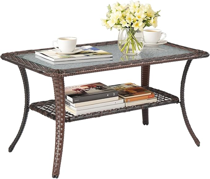 VINGLI Outdoor Coffee Table with Storage Wicker Patio Coffee Table, Tempered Glass Top Coffee Table for Patio Outside Balcony Porch Deck (Brown) by VINGLI