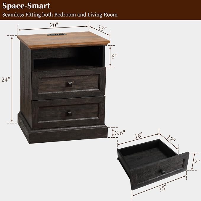 Night Stand with Charging Station, Bedside Table with 2 Drawers Storage and Open Shelf, Nightstand with Outlets, Wood Modern End Table for Bedroom Office (1, Dark Grey) - Image 3