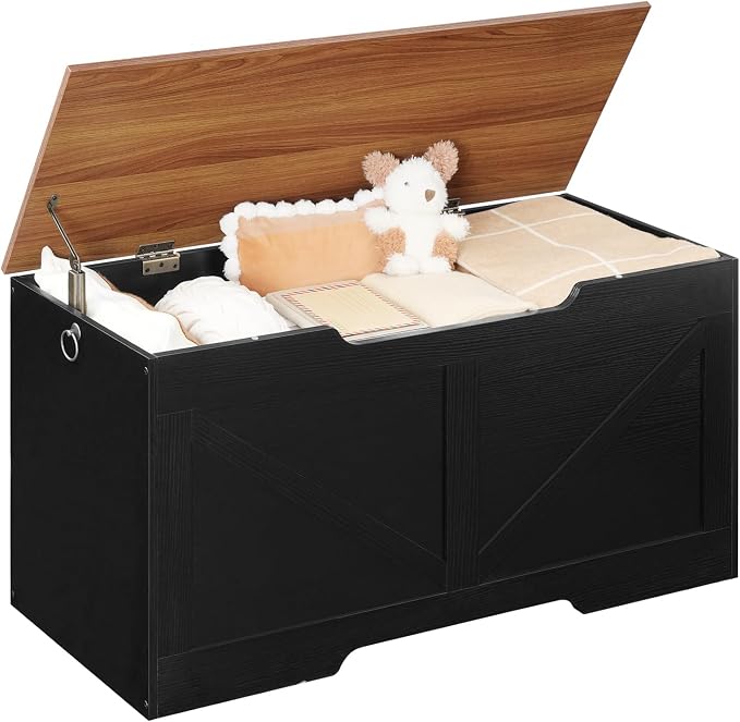 HOOBRO Storage Bench, 39.4" Retro Wooden Storage Chest with U-Shaped Cut-Out Pull, Safety Hinge, Supports 220 lb and Easy Assembly for Toy Box Organizer (Black and Walnut) BH771CW01 - Image 9