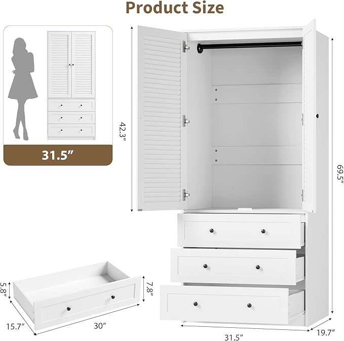GarveeHome Armoire Wardrobe Closet with Drawers, 69.5 in Wooden Wardrobe Cabinet with Hanging Rod, 2 Doors Clothing Storage Cabinet for Bedroom, Large Capacity Storage, Louvered Door, White