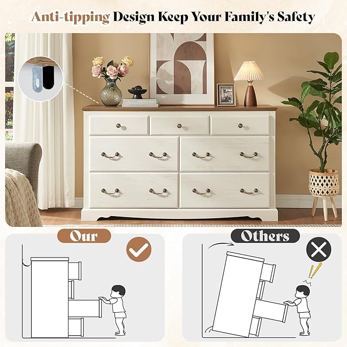 AMERLIFE Farmhouse 3 Pieces Bedroom Sets, Include 54" Wide 7 Drawers Dresser, Nightstand Set of 2 with Charging Station, Rustic Retro Bedroom Furniture Set, White