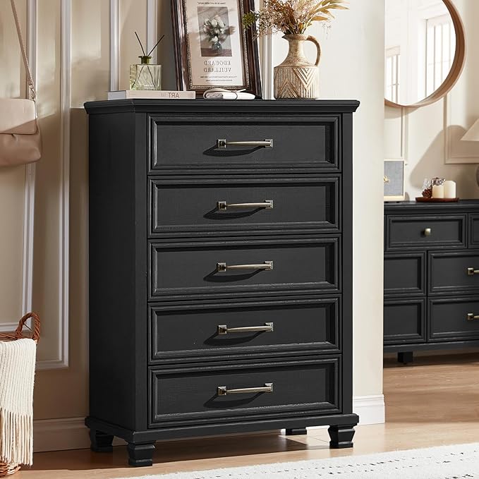SAVOR LIFE Farmhouse Bedroom Dresser and Nightstand Set 3, 5/7 Drawer Dresser & 2 Drawer Nightstand Set, Rustic Wood Bedroom Furniture Set 3 for Home, Hallway, Black