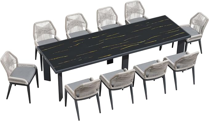 PURPLE LEAF 11 Pieces Patio Dining Set Aluminum Oversize Rectangular Table and Wicker Chairs with Cushions for Kitchen Porch Garden Modern Outdoor Furniture Sets, Dark Grey - Image 9