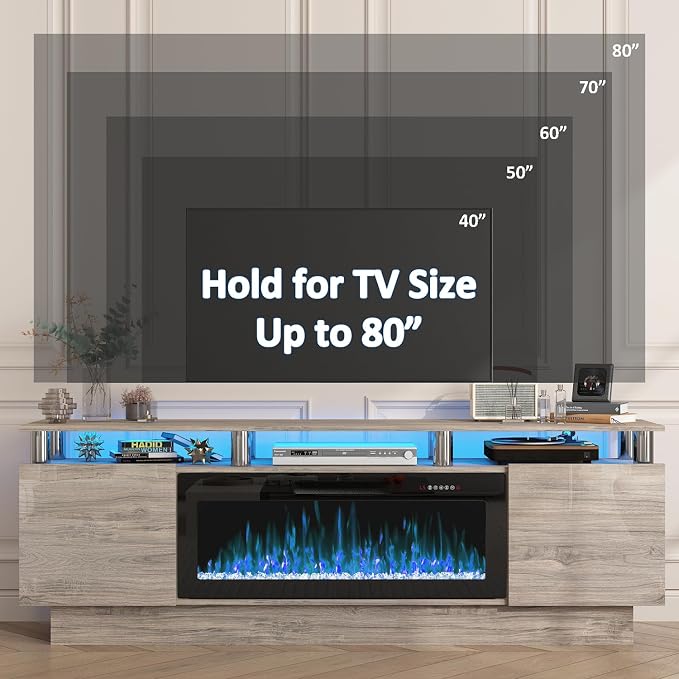 PUKAMI 70" Fireplace TV Stand with 36" Electric Fireplace, LED Light Entertainment Center with Storage, 2 Tier Modern Wood Media TV Console with Highlight Cabinet for Living Room, Grey - Image 6