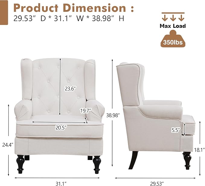 Accent Chair for Living Room, Mid Century Modern Upholstered Armchair, Wingback Chair with Tufted High Back and Solid Legs, Comfy Side Chairs Single Sofa for Bedroom, Beige